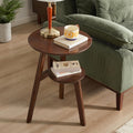 Side Table, Solid Wood 2-Tier Round End Table with Lower Storage Shelf, Small Nightstand for Living Room Bedroom, Modern Couch Coffee Tables
