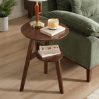 Side Table, Solid Wood 2-Tier Round End Table with Lower Storage Shelf, Small Nightstand for Living Room Bedroom, Modern Couch Coffee Tables