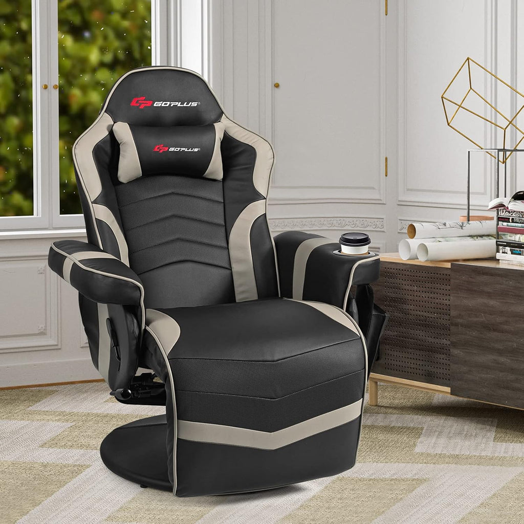 POWERSTONE Gaming Recliner Massage Gaming Chair with Footrest Ergonomic PU Leather Single Sofa with Cup Holder Headrest and Side Pouch, Adjustable Living Room Chair Home Theater Seating (Grey)