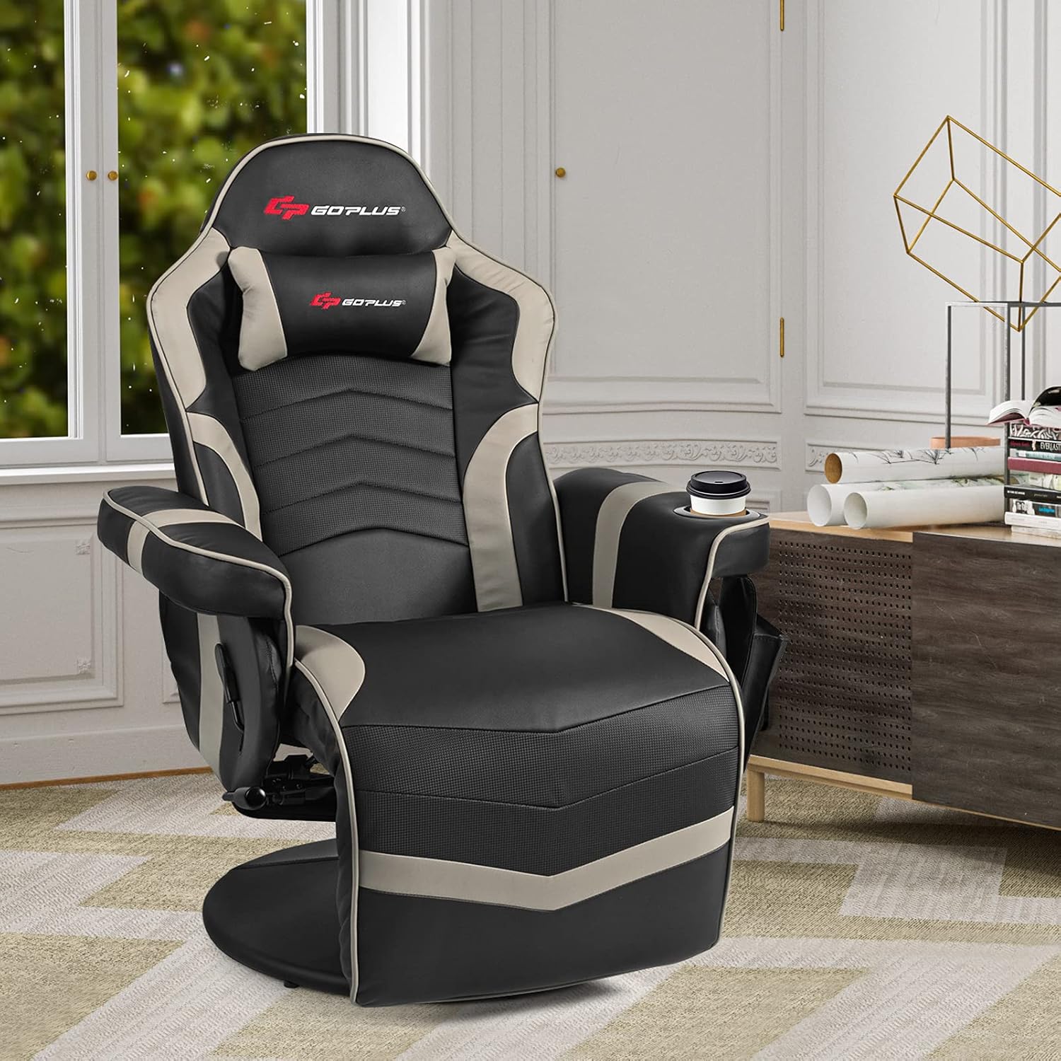 POWERSTONE Gaming Recliner Massage Gaming Chair with Footrest Ergonomic PU Leather Single Sofa with Cup Holder Headrest and Side Pouch, Adjustable Living Room Chair Home Theater Seating (Grey)