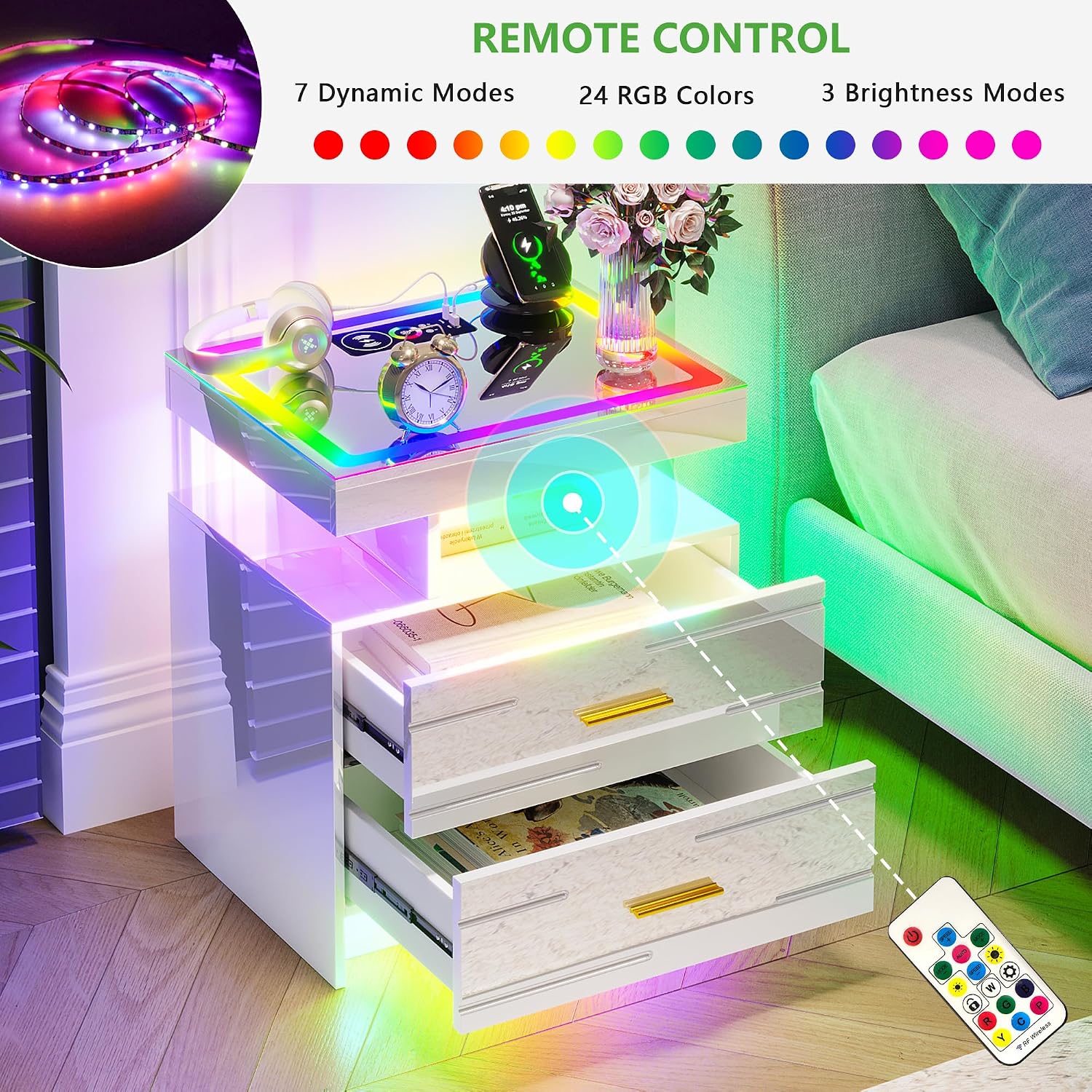 HNEBC Night Stand Set 2 with Wireless Charging Station& Remote Lights,White | LED Nightstand with Tempered Glass Top, RGB Dynamic motion sensor Lighting, Higt-Gloss, 2 Drawers for Bedroom,Living Room