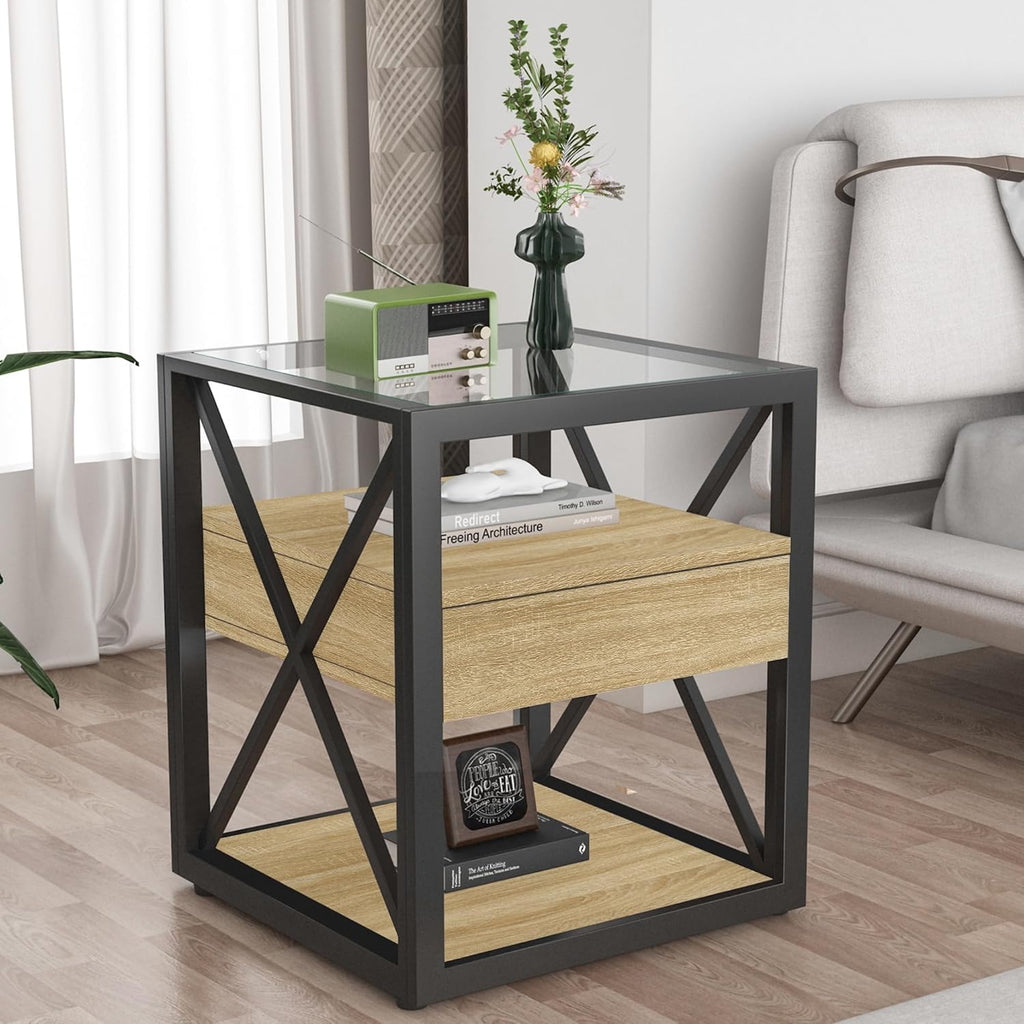 Bellemave 1 piece Small End Table with Drawer, Nightstand for Bedroom & Living Room, Wood MDF &Tempered Glass, Metal Frame, Industrial Style Side Table,Easy Assemble, Natural