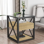 Bellemave 1 piece Small End Table with Drawer, Nightstand for Bedroom & Living Room, Wood MDF &Tempered Glass, Metal Frame, Industrial Style Side Table,Easy Assemble, Natural