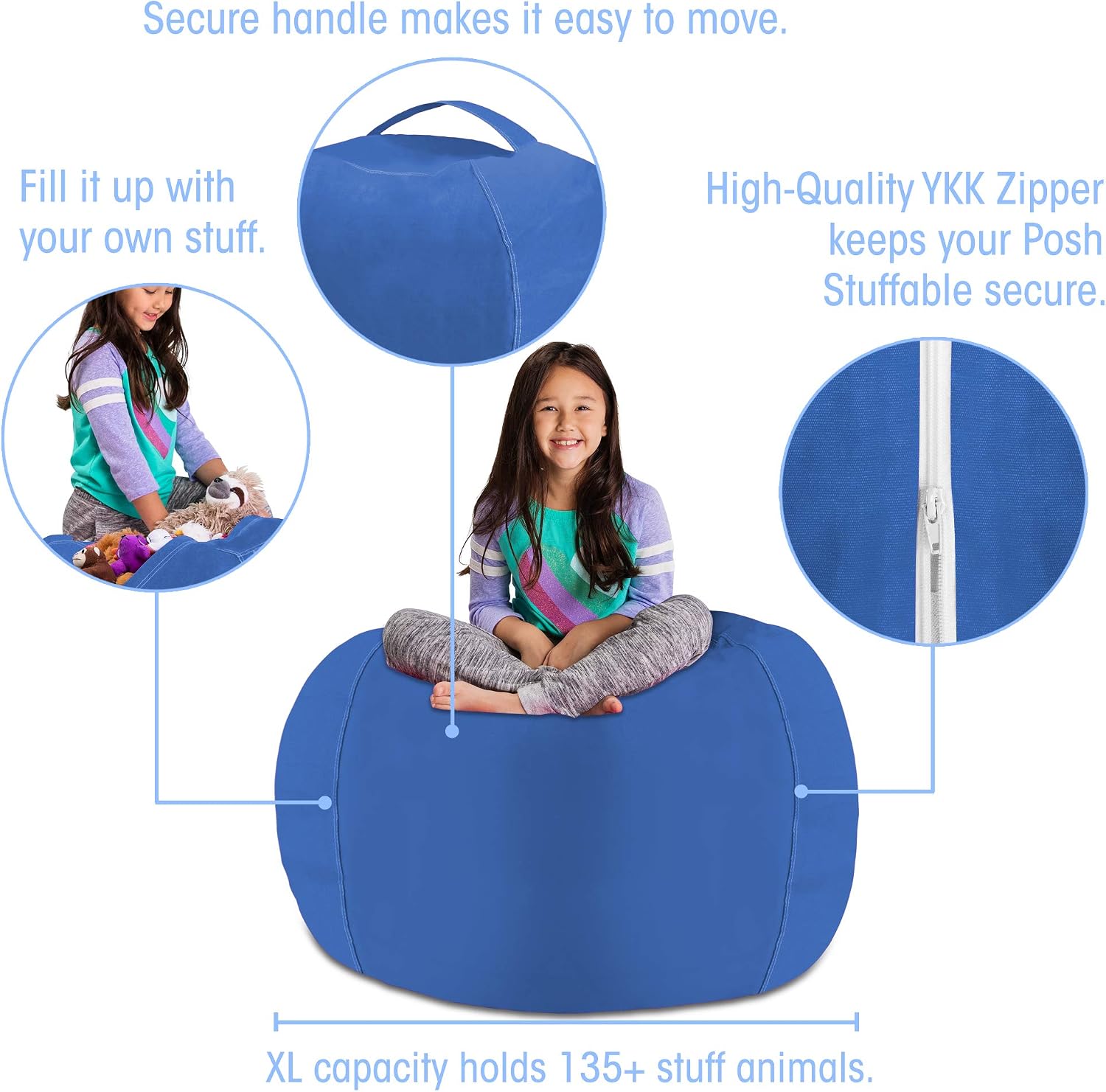 Posh Stuffable Kids Stuffed Animal Storage Bean Bag Chair Cover - Childrens Toy Organizer, X-Large 48" - Solid Royal Blue