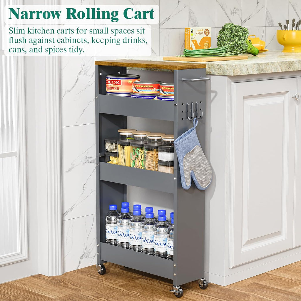 XYZLVSI Slim Storage Cart, 4 Tier Rolling Kitchen Cart on Wheels for Small Space, Narrow Laundry Bathroom Organizers Mobile Shelving Unit Metal Utility Cart with Handle, 5.9in Width, Gray