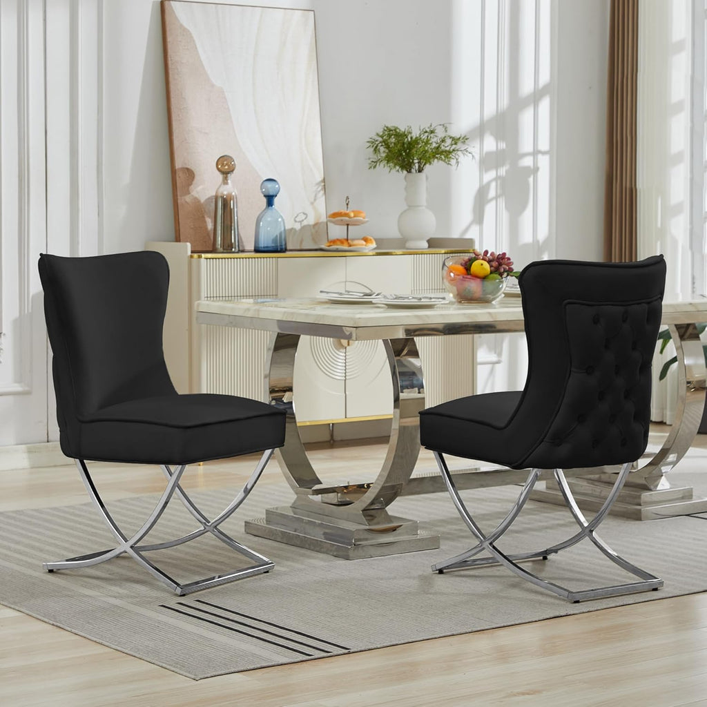 LOULENS Elegance Velvet Dining Chairs Set of 2, Luxurious Upholstered Tufted Dining Room Chairs, Glam Royal Velvet Accent Chairs with Stainless Steel Legs, Black