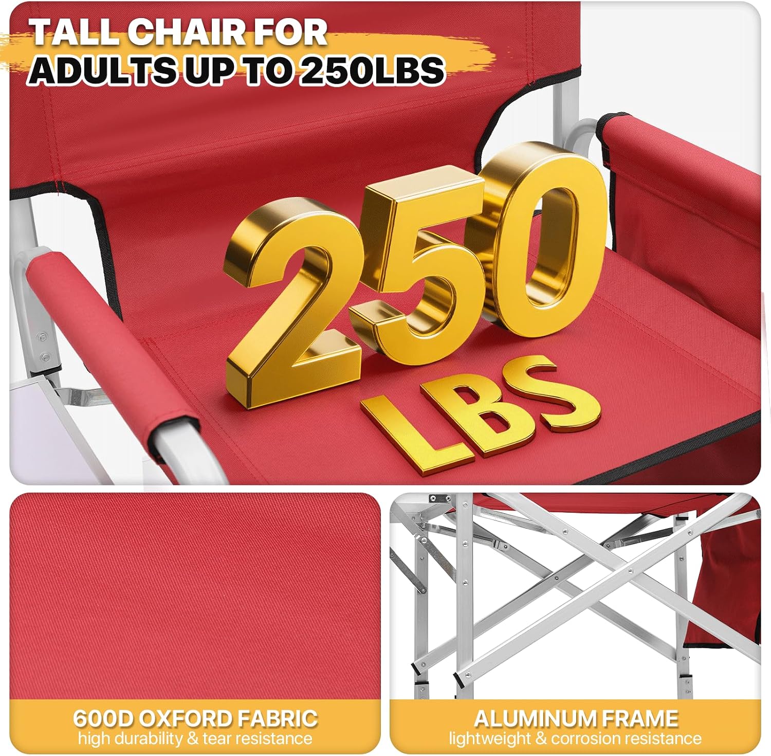 MoNiBloom 44.5" Foldable Tall Director Chair Folding Portable Aluminum Frame Makeup Artist Chair, with Side Table, Cup Holder and Pockets, 250lbs Capacity (Set of 2, Red)