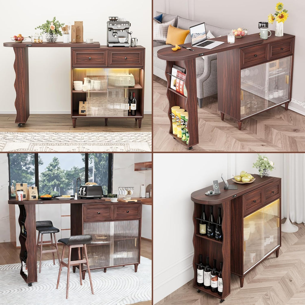 69" Kitchen Island with 360° Rotating Table, Bluetooth Speakers, LED Lighting, Adjustable Shelves, Storage Cabinet & Power Outlet – Walnut Finish Extendable Dining Table for Kitchen, Dining Room, Bar