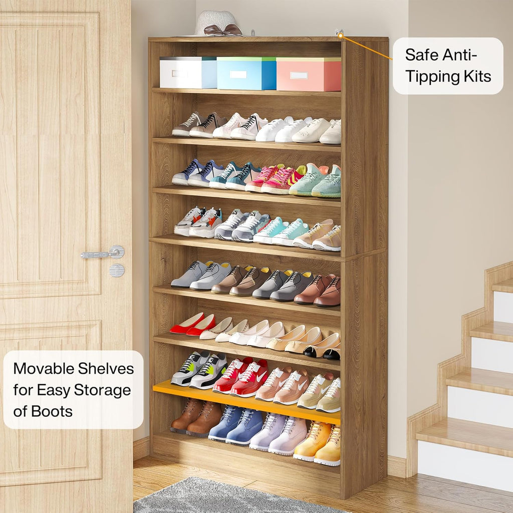 Tribesigns Tall Shoe Cabinet, 9 Tiers 40-45 Pairs Heavy Duty Wood Freestanding Shoe Storage Cabinet, 70.8'' Tall Shoe Cabinet with Open Storage for Entryway (1, Light Brown)