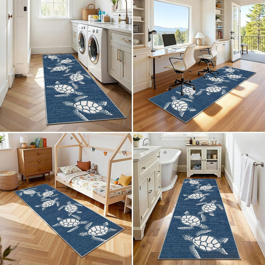 Navy Blue Sea Turtle Runner Rug 2x6, Coastal Nautical Ocean Theme, Washable Non-Slip Long Hallway Carpet Kitchen Mat Floor Area Rug for Laundry Room Entryway