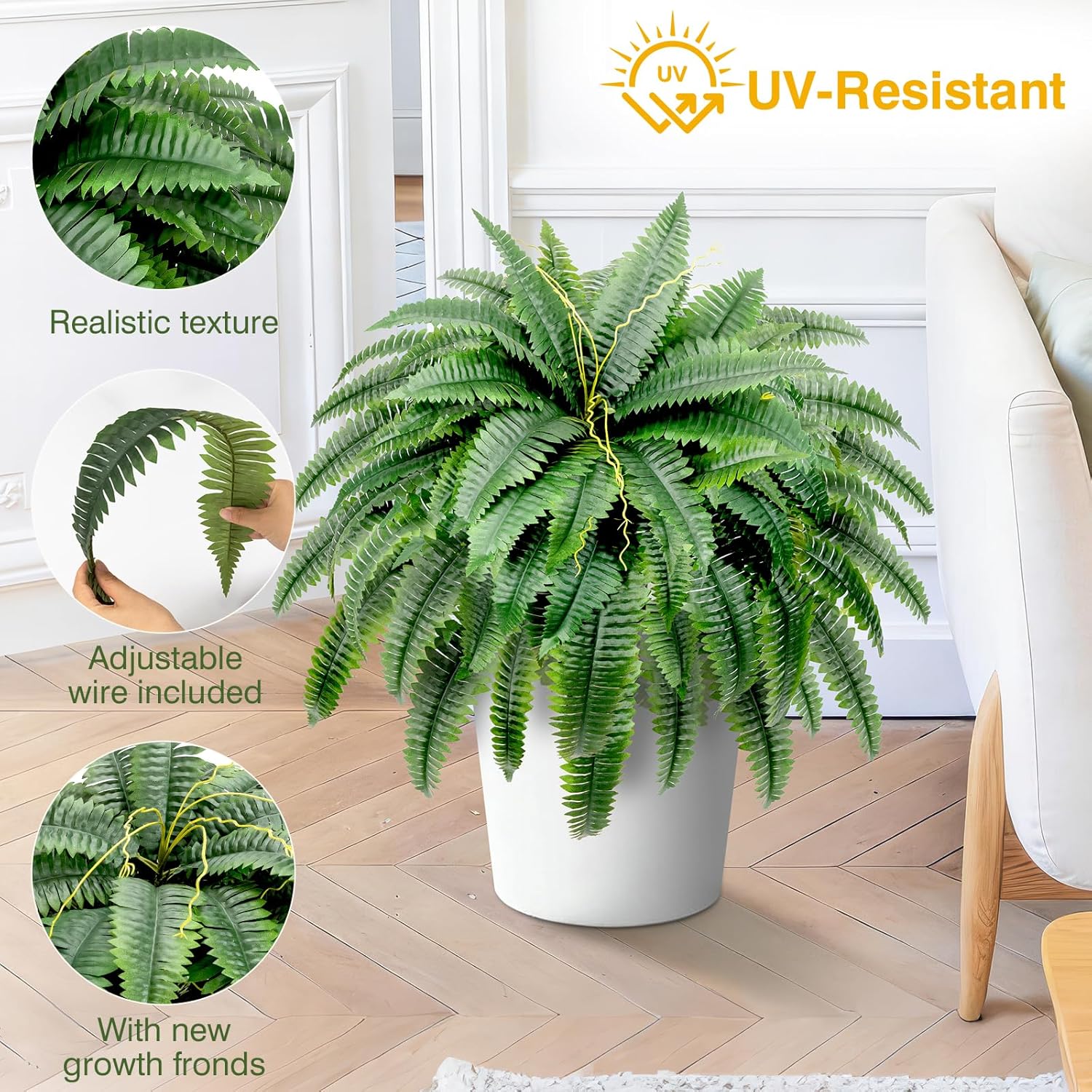 Artificial Boston Fern Bush - Set of 2 45Inch Fake Ferns with 55 Fronds, Large Hanging Faux Plants Decor, UV Resistant Faux Fern Vines Silk Greenery for Outdoor Indoor, Porch, Farms, Patio