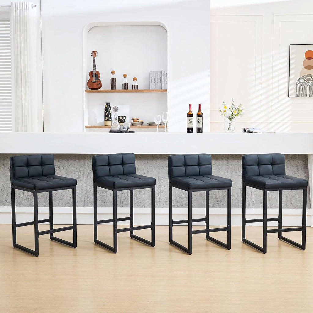 FIRAVOE Bar Stools Set of 4, PU Leather Counter Height Barstools with Low Back and Thickened Metal Legs, 26 Inch Modern Island Chairs for Kitchen Island, Bar, Counter (Black, 4Pcs 26" Counter Stools)