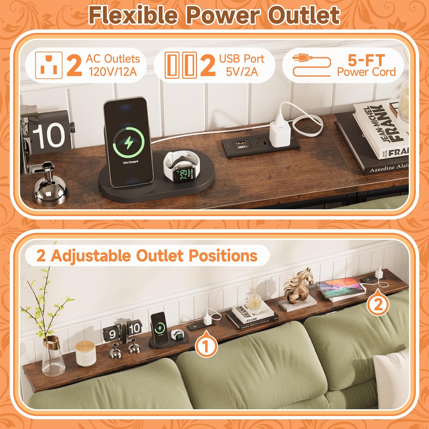 LIFECHOVY 78.8 Inch Narrow Console Table with Power Outlets, 25.2"-35" Adjustable Height Skinny Behind the Couch Table with Fabric Storage, Long Sofa Table for Living Room, Entryway, Rustic Brown