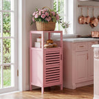 HITNET Small Bathroom Storage Cabinet, Bamboo Floor Cabinet Single Door, Freestanding Narrow Side Organizer for Living Room Hallway Entryway, Pink