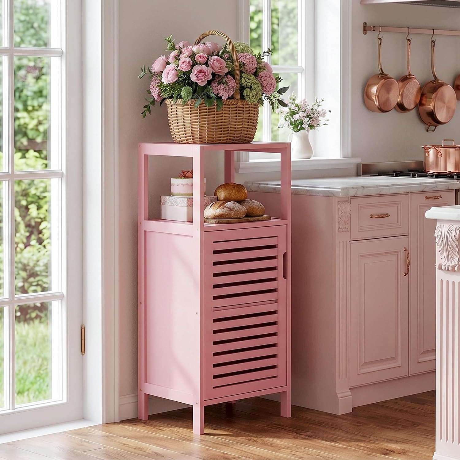 HITNET Small Bathroom Storage Cabinet, Bamboo Floor Cabinet Single Door, Freestanding Narrow Side Organizer for Living Room Hallway Entryway, Pink