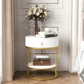 SUNBURY 19.7" Round Side Table with Drawer, Modern Faux Marble End Table with Open Storage Shelf, Gold Metal Frame Sofa Table for Living Room, Office, and Small Spaces, White & Gold