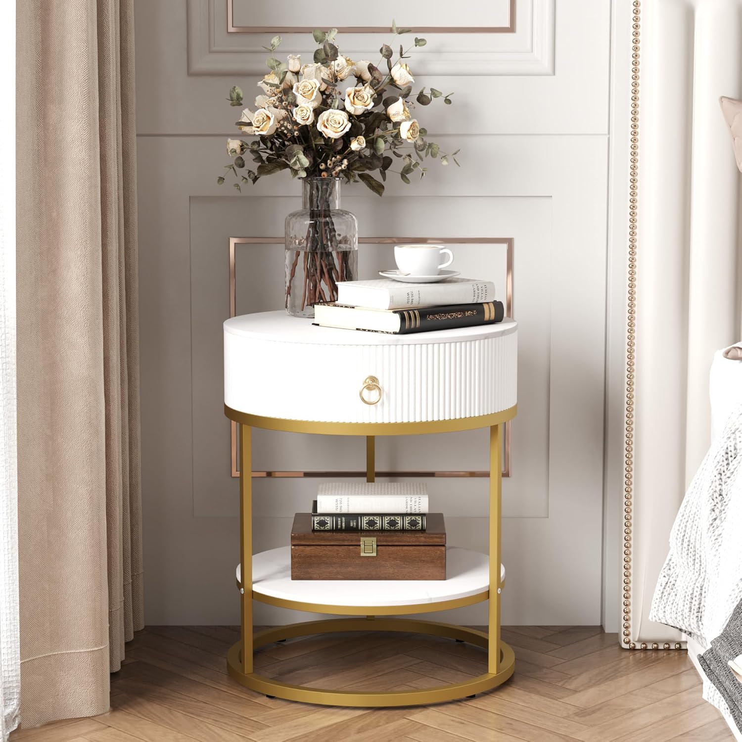 SUNBURY 19.7" Round Side Table with Drawer, Modern Faux Marble End Table with Open Storage Shelf, Gold Metal Frame Sofa Table for Living Room, Office, and Small Spaces, White & Gold