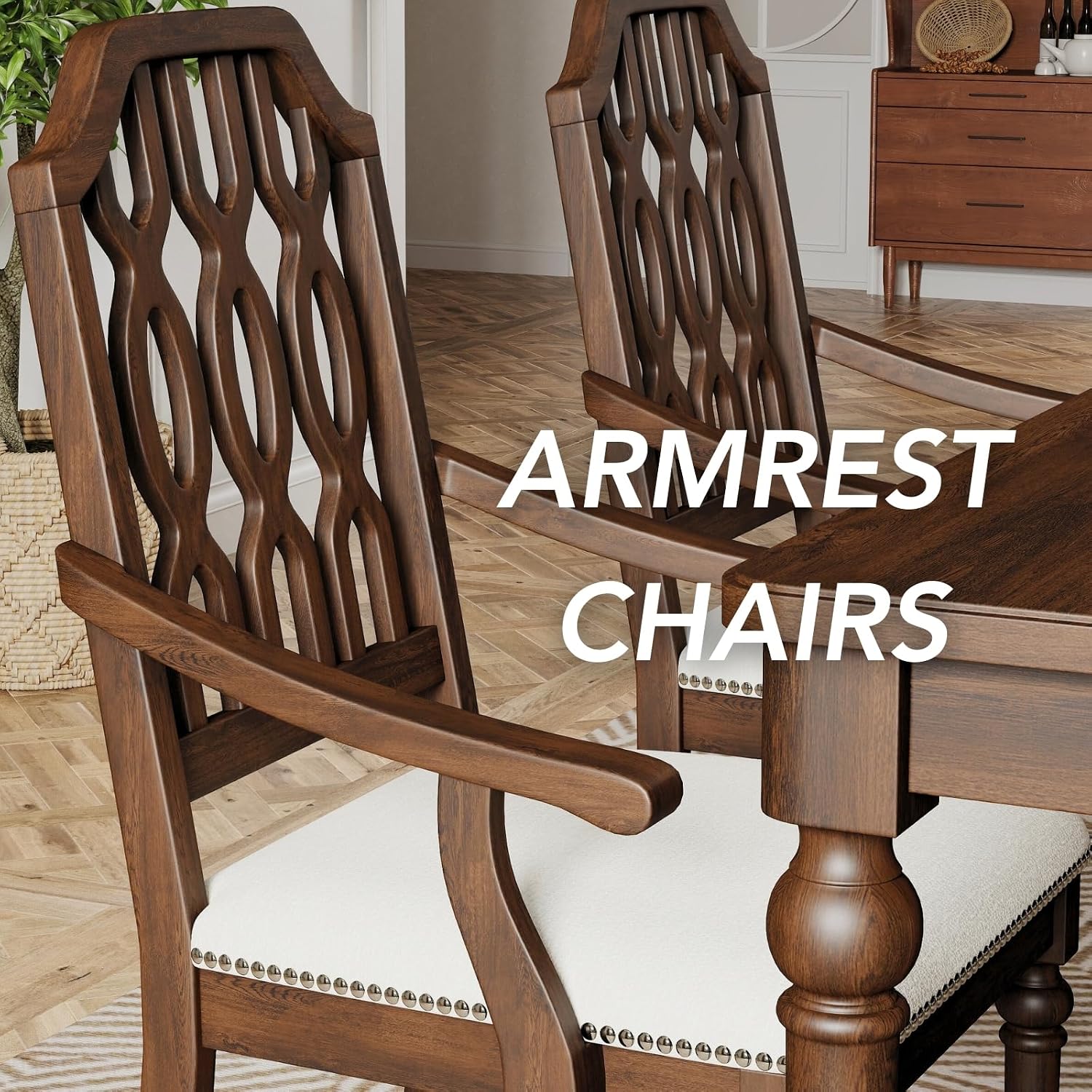 chairus Farmhouse Dining Chairs Set of 6, French Country Vintage Wooden Dining Room Chairs with Arm, Lattice Back & Turned Legs, Rustic Chenille Upholstered Nailhead Trim Kitchen Chairs, Walnut Brown