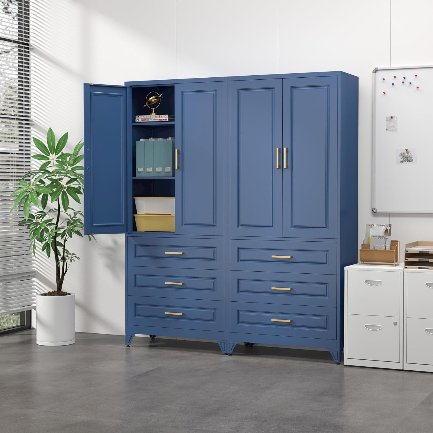 SteeLoong 75" Kitchen Pantry Cabinet with 3 Drawer,Metal Storage Cabinets with Doors and 2 Adjustable Shelves,Blue Kitchen Cabinet with 2 Gold Handles,Food Cupboard for Livingroom,Pantry, Bathroom