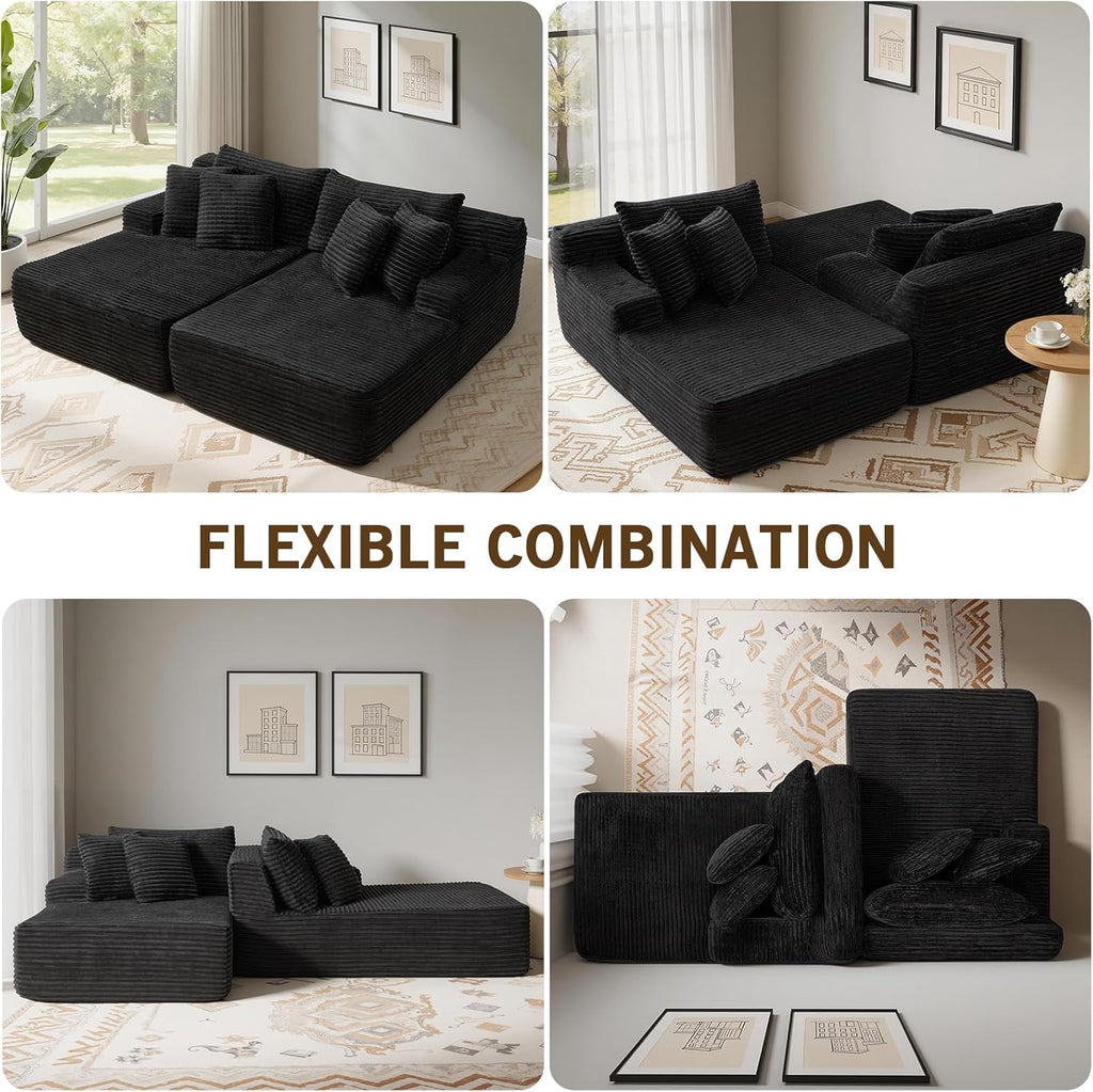 83” Oversized Double Chaise Lounge Indoor, Black Corduroy Chaise Lounge Chair, Upholstered Sleeper Sofa Bed, Deep Seat Sleeper Loveseat Reading Chairs, Boneless Cloud Couch for Living Room Bedroom