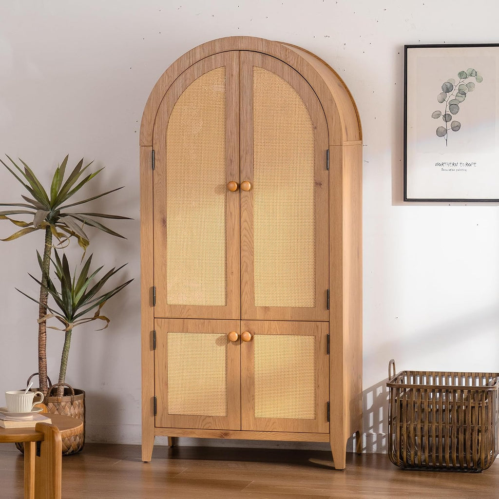 Arched Kitchen Pantry Cabinet, 63.39" Tall Kitchen Storage Cabinets, Rattan Bookcase with Doors and Adjustable Shelves, Freestanding Cupboard for Living Room, Dining Room - Natural