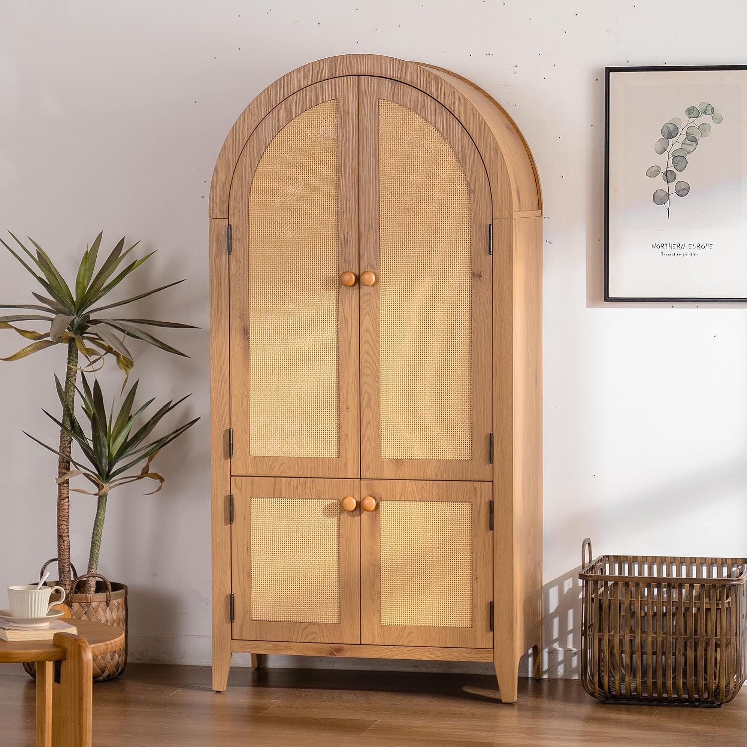 Arched Kitchen Pantry Cabinet, 63.39" Tall Kitchen Storage Cabinets, Rattan Bookcase with Doors and Adjustable Shelves, Freestanding Cupboard for Living Room, Dining Room - Natural