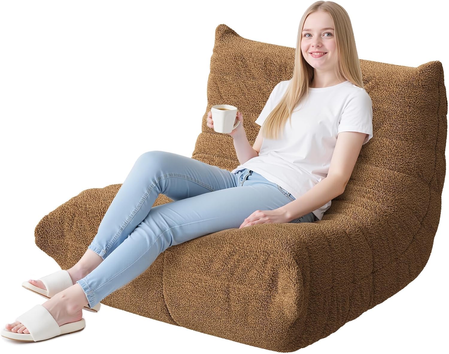 WLIVE Bean Bag Chair for Adults, Teddy Fleece Togo Chair, Giant, Memory Foam, for Living Room and Bedroom, Single, Brown
