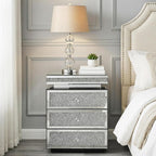Modern Glam Glass Mirror Nightstand, Silver Bedside Table with Sparkling Crushed Diamond, 3-Drawer Luxury Mirrored Accent Table for Living Room, Bedroom, Fully Assembled