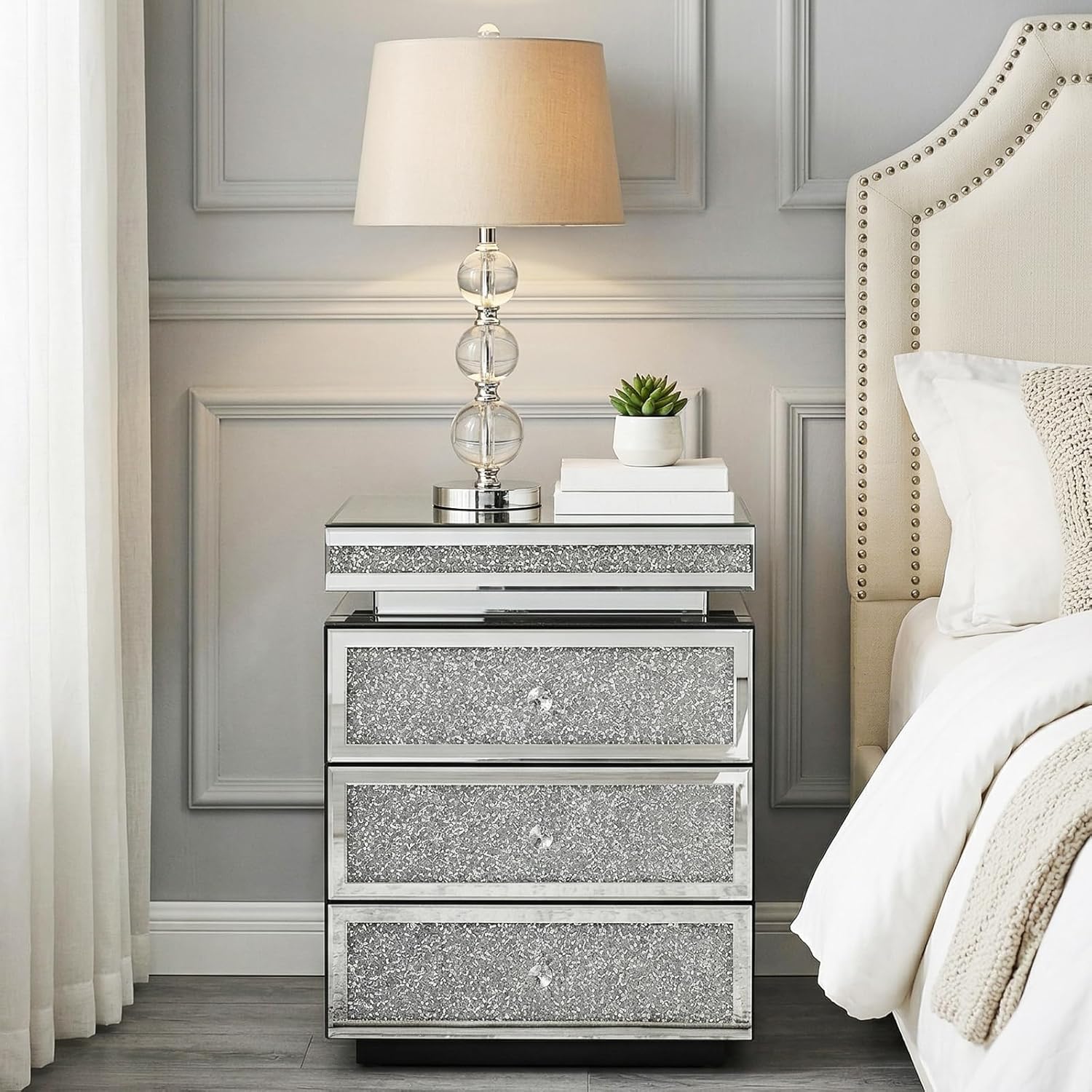 Modern Glam Glass Mirror Nightstand, Silver Bedside Table with Sparkling Crushed Diamond, 3-Drawer Luxury Mirrored Accent Table for Living Room, Bedroom, Fully Assembled