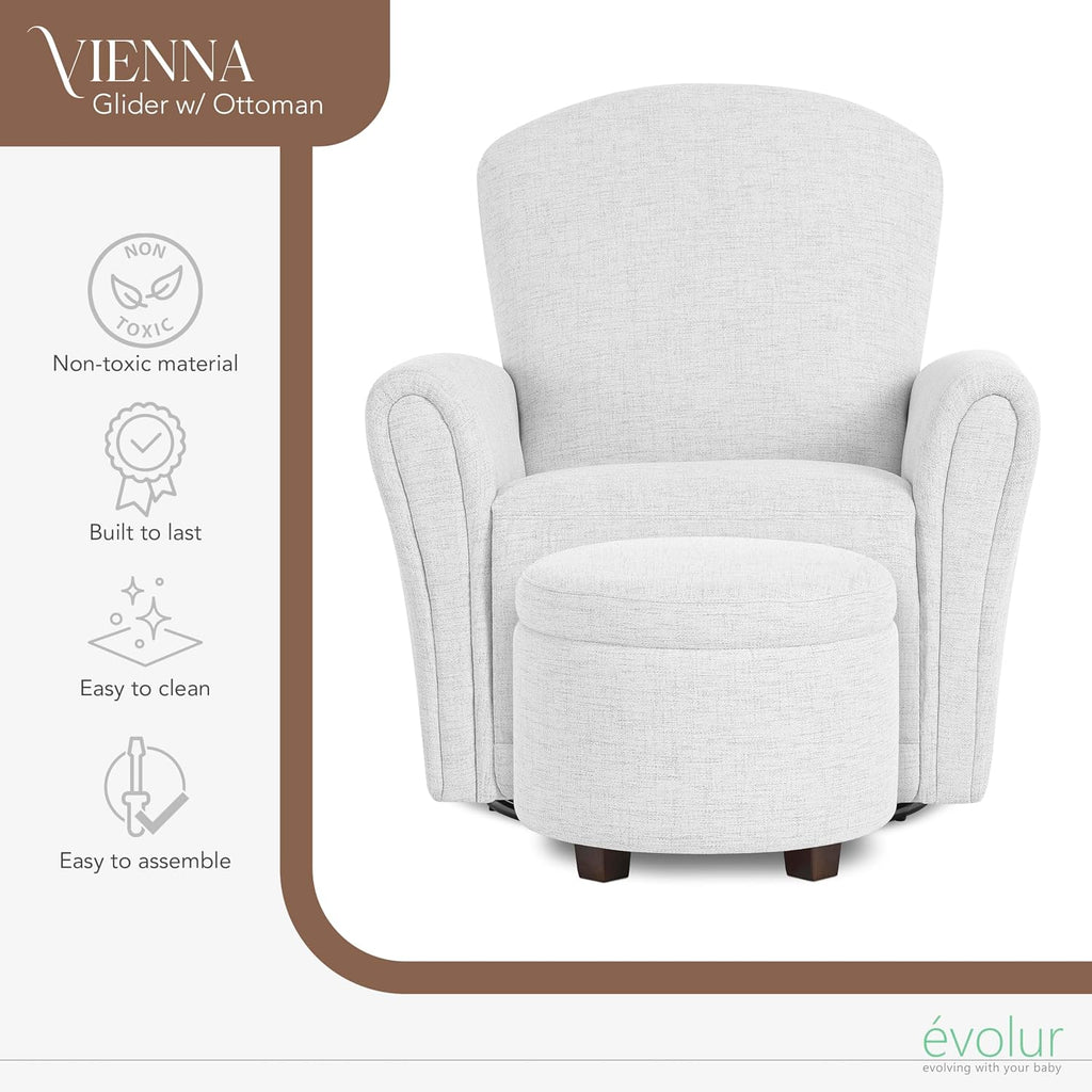 Evolur Vienna Swivel Glider with Ottoman, 360° Swivel, Without Nailhead Trim, Greenguard Gold & FSC-Certified, Nursery Chair in Fog Grey