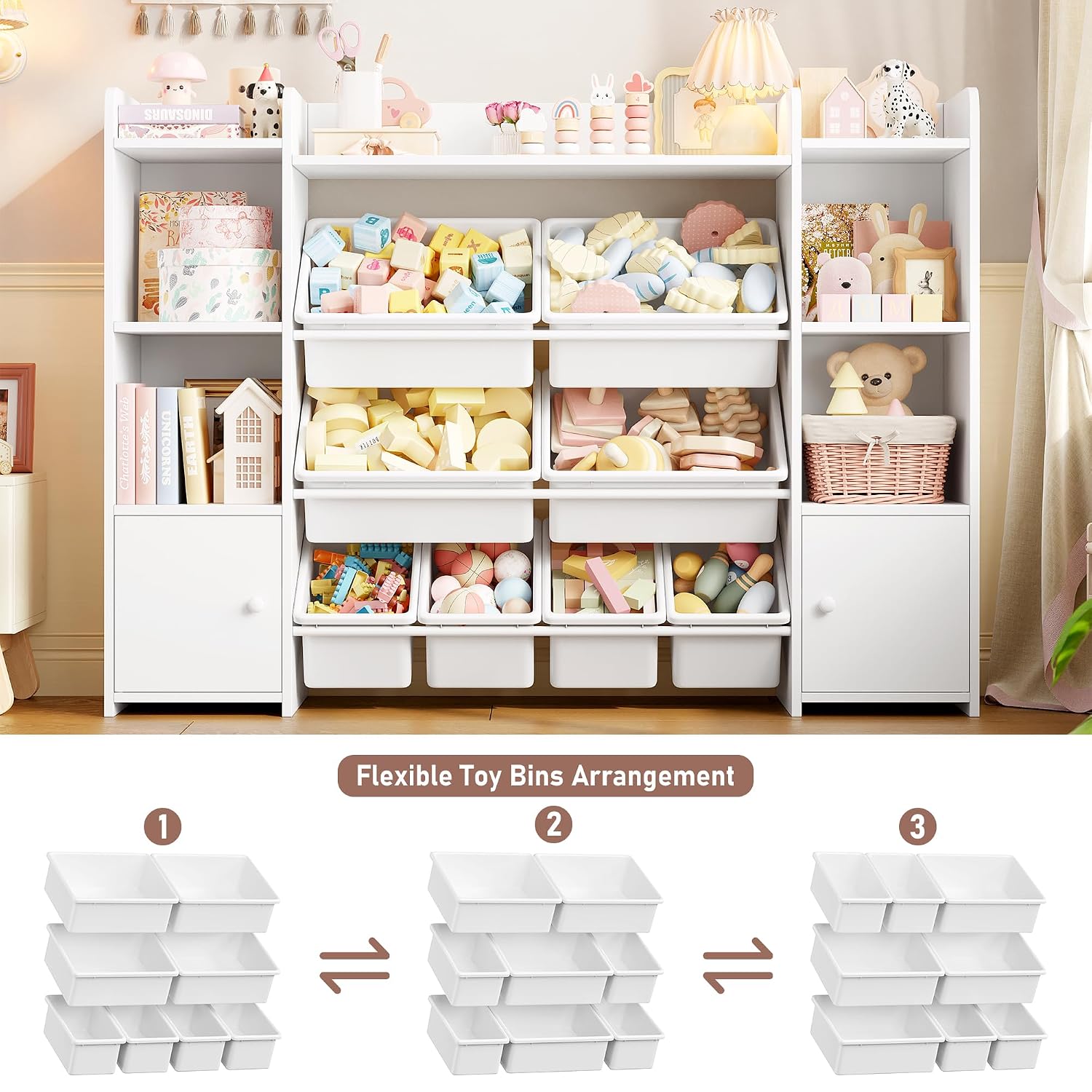 FOTOSOK Toy Storage Organizer with 8 Toy Bins, Toy Organizer Kids Bookshelf with 6 Storage Cubbies, Stuffed Animal Storage Organizer, Playroom Storage and Toy Chest, White