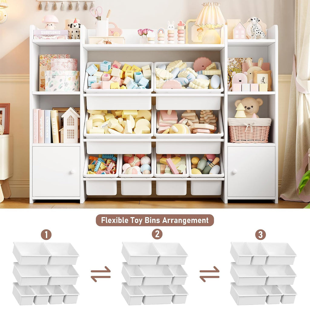 FOTOSOK Toy Storage Organizer with 8 Toy Bins, Toy Organizer Kids Bookshelf with 6 Storage Cubbies, Stuffed Animal Storage Organizer, Playroom Storage and Toy Chest, White