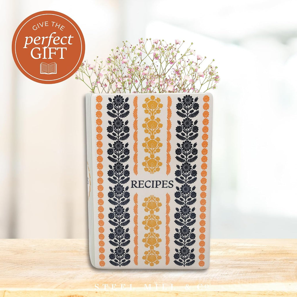 Steel Mill & Co Original Book-Shaped Decorative Vase, Ceramic Vases for Home Decor, Cute Kitchen Decor, Unique Vase (Vintage Floral Stripe)