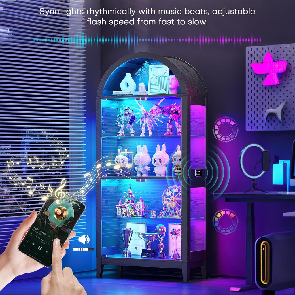 WOOVIVS Glass Display Cabinet with RGB Lights, 69" Tall Curio Cabinet with Rebound Tempered Glass Door, 5-Tier Adjustable Display Case for Living Room (Black)