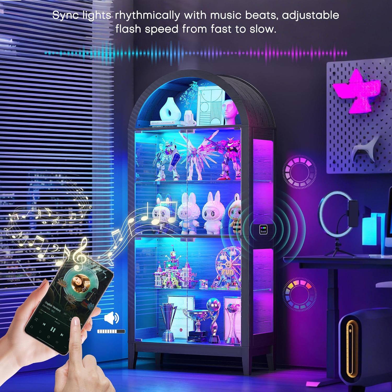 WOOVIVS Glass Display Cabinet with RGB Lights, 69" Tall Curio Cabinet with Rebound Tempered Glass Door, 5-Tier Adjustable Display Case for Living Room (Black)