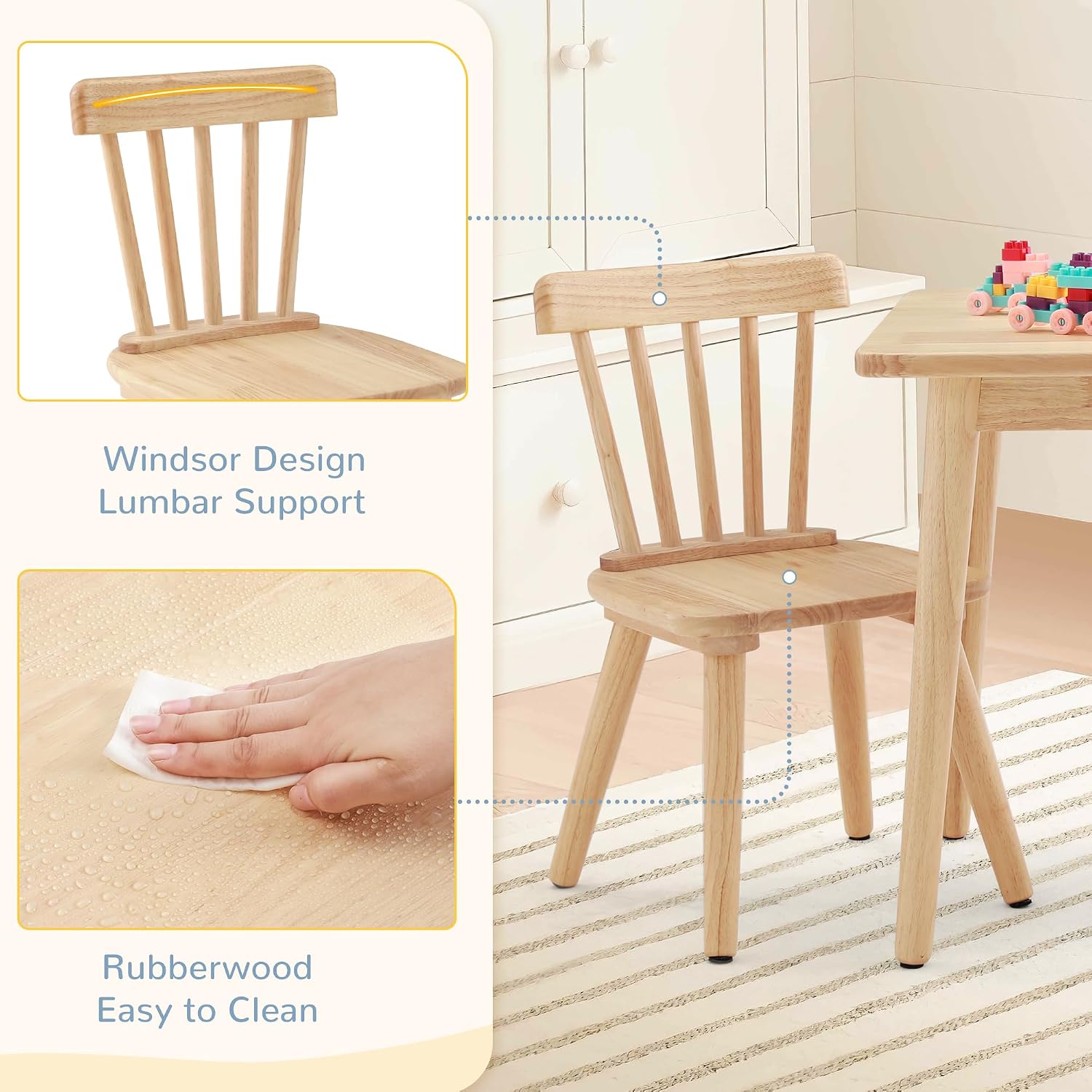 Curipeer Windsor Kids Table and 2 Chair Set, Rubberwood Children Toddler Table and Chair Set with Non-Slip Legs/Round Edge Design for Art, Play, Craft, Activity, Natural Wood