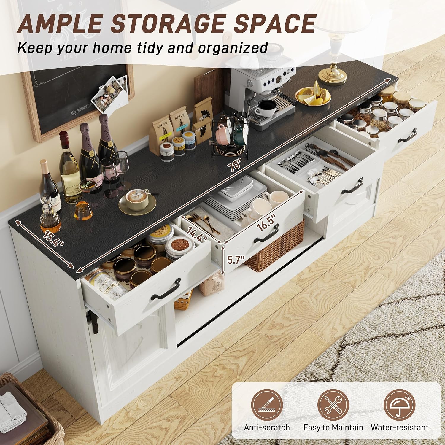 70” Large Buffet Sideboard Cabinet w/4 Drawer,Farmhouse Coffee Bar Cabinet Buffet with Storage,Sliding Door,Long Kitchen Buffet Table,Kitchen Sideboard Cabinet,Credenza for Dining Room,Off White