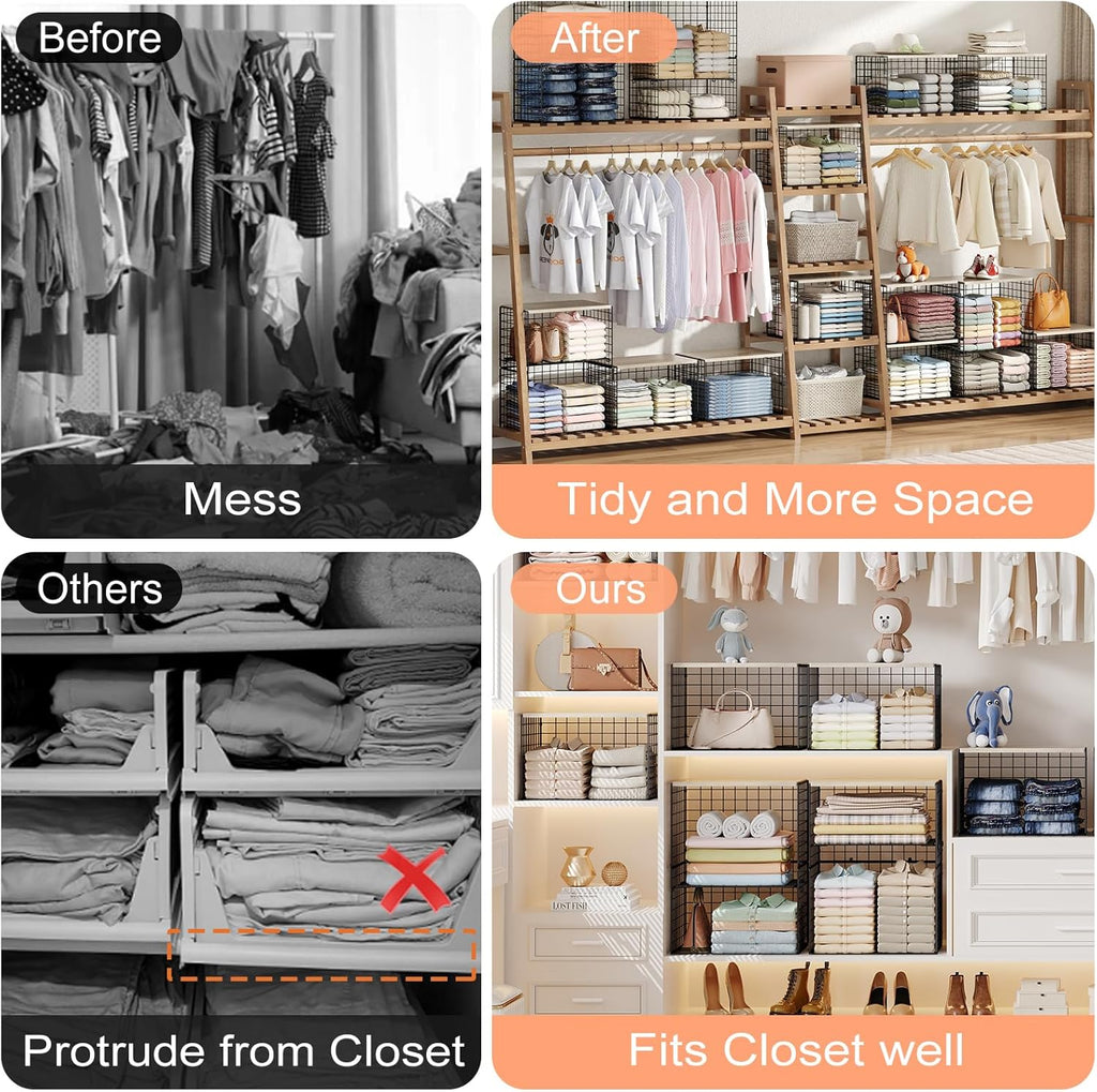 5-Tier Large Stackable Closet Organizer and Storage Basket, Sturdy Closet Shelf Organizer with Wood Top, Stackable Storage Bins Cubes for Clothes with Adjustable Shelf for Wardrobe Organization
