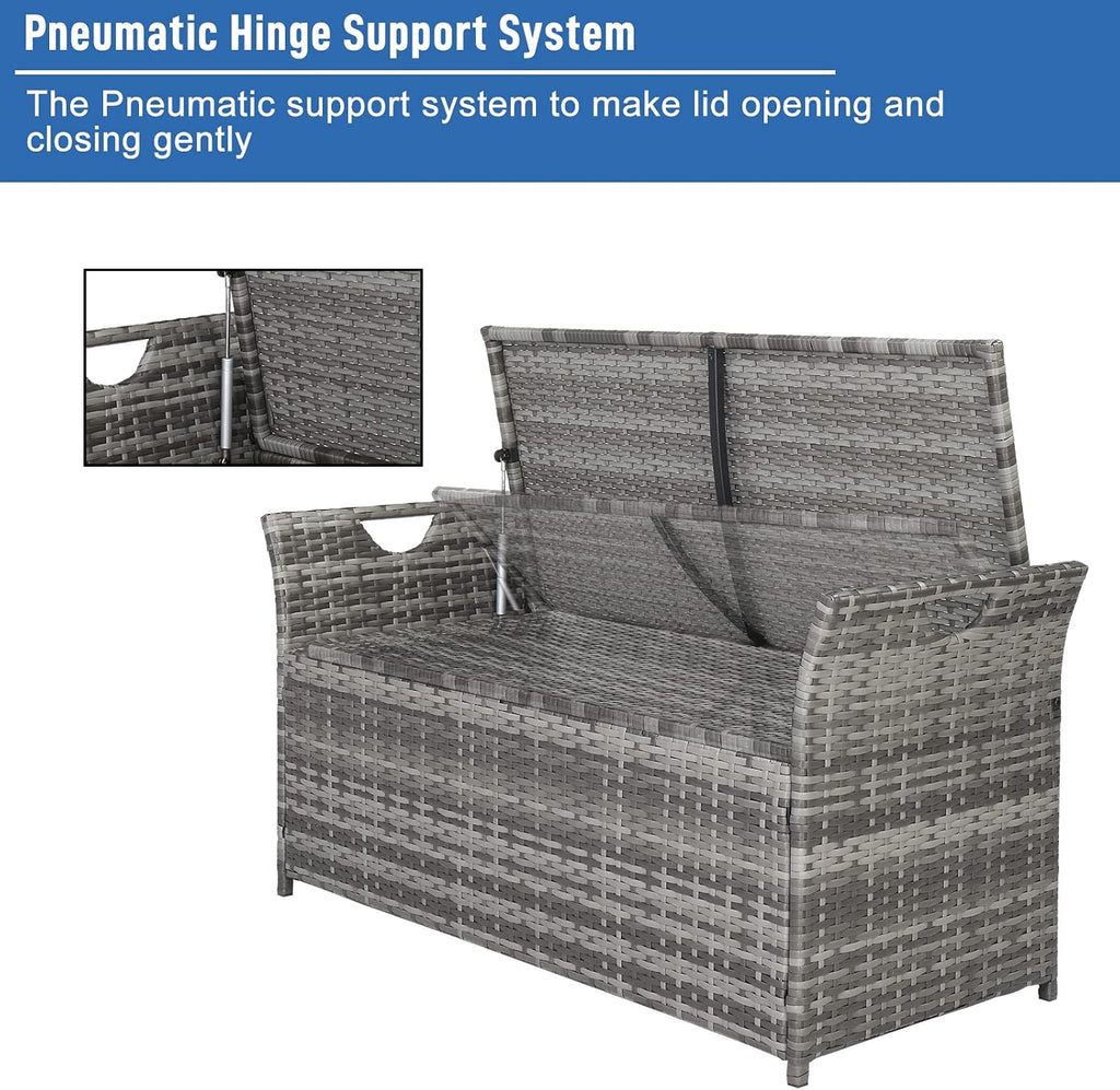 Wicker Outdoor Storage Bench,33 Gallon Rattan Deck Box with Side Handles & Soft Cushion,Patio Bench with Storage,Outdoor Furniture for Pillows,Garden Tools,Pool Accessories,Sports Equipment (Gray)