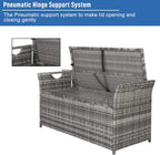 Wicker Outdoor Storage Bench,33 Gallon Rattan Deck Box with Side Handles & Soft Cushion,Patio Bench with Storage,Outdoor Furniture for Pillows,Garden Tools,Pool Accessories,Sports Equipment (Gray)