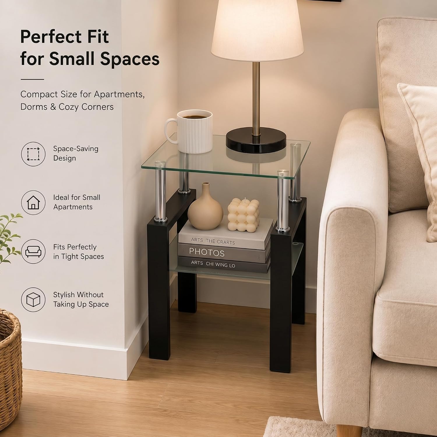 Meihua Glass End Table, Square Glass Side Table, 2-Tier Modern Nightstand with Metal Legs for Living Room&Bedroom (Transparent, 1pc)