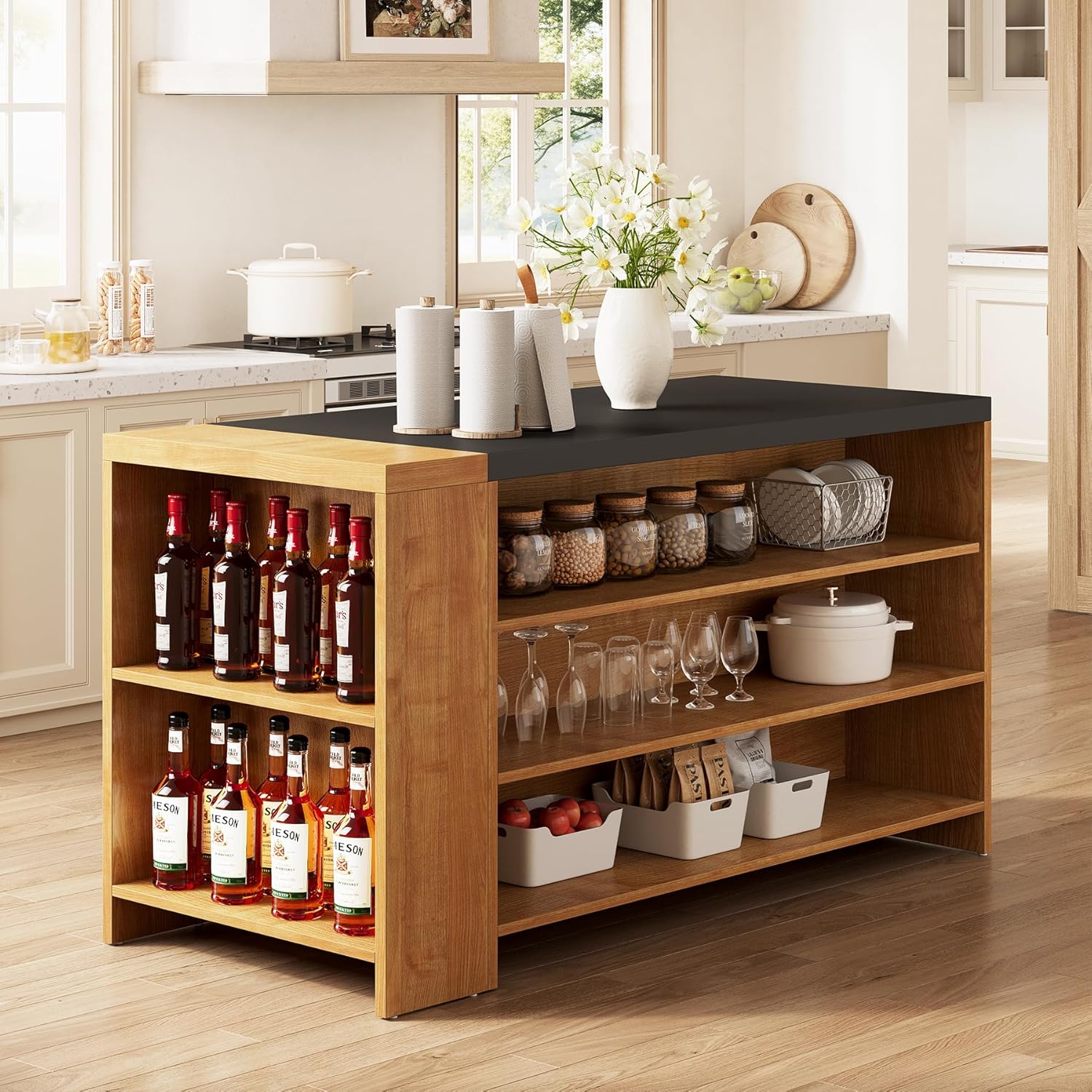 Little Tree 55 Inches Kitchen Island, 4-Tier Kitchen Storage Cabinet with Large Worktop & Leg Room, Modern Wooden Kitchen Stationary Island for Dining Room, Coffee Bar Cabinet for Living Room, Oak