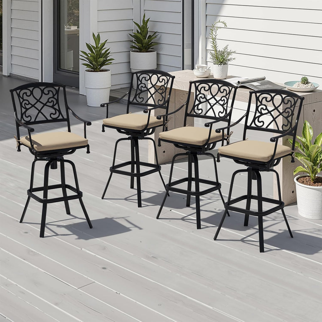 Crestlive Products Outdoor Bar Stools with Sunbrella Cushion Set of 4, 360° Swivel Patio Bar Height Chairs, All Weather Heavy Duty Commercial Grade Furniture, Antique Brown Finish for Outside(Tan)