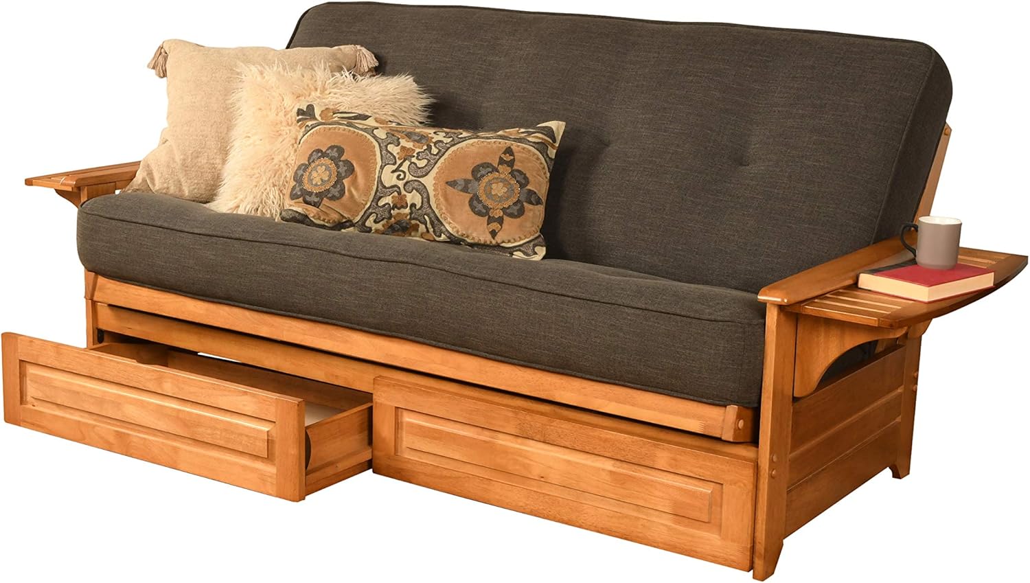 Kodiak Furniture Phoenix Full Size Futon in Butternut Finish with Storage Drawers, Linen Charcoal