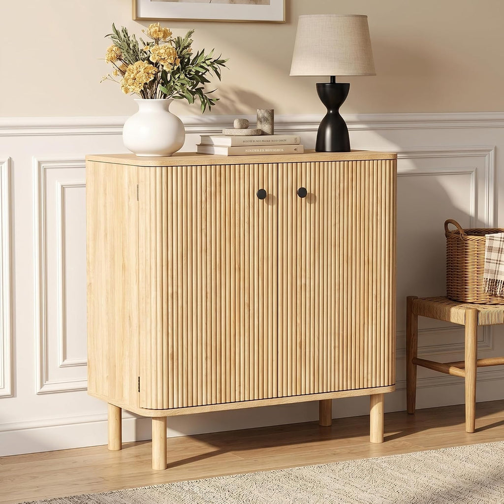 Fluted Sideboard Buffet Cabinet with Storage, 31'' Natural Oak Wood Buffet with Adjustable Shelves, Solid Wood Legs & 210° Wide-Open Door, Rounded Credenza for Kitchen & Entryway