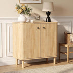 Fluted Sideboard Buffet Cabinet with Storage, 31'' Natural Oak Wood Buffet with Adjustable Shelves, Solid Wood Legs & 210° Wide-Open Door, Rounded Credenza for Kitchen & Entryway