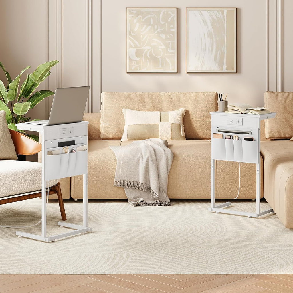 HOOBRO C Shaped End Table with Charging Station, 28" H Couch Side Table Slide Under, Sofa Arm Tray Table with Storage Bag for Living Room, Recliner, White WW70USF01