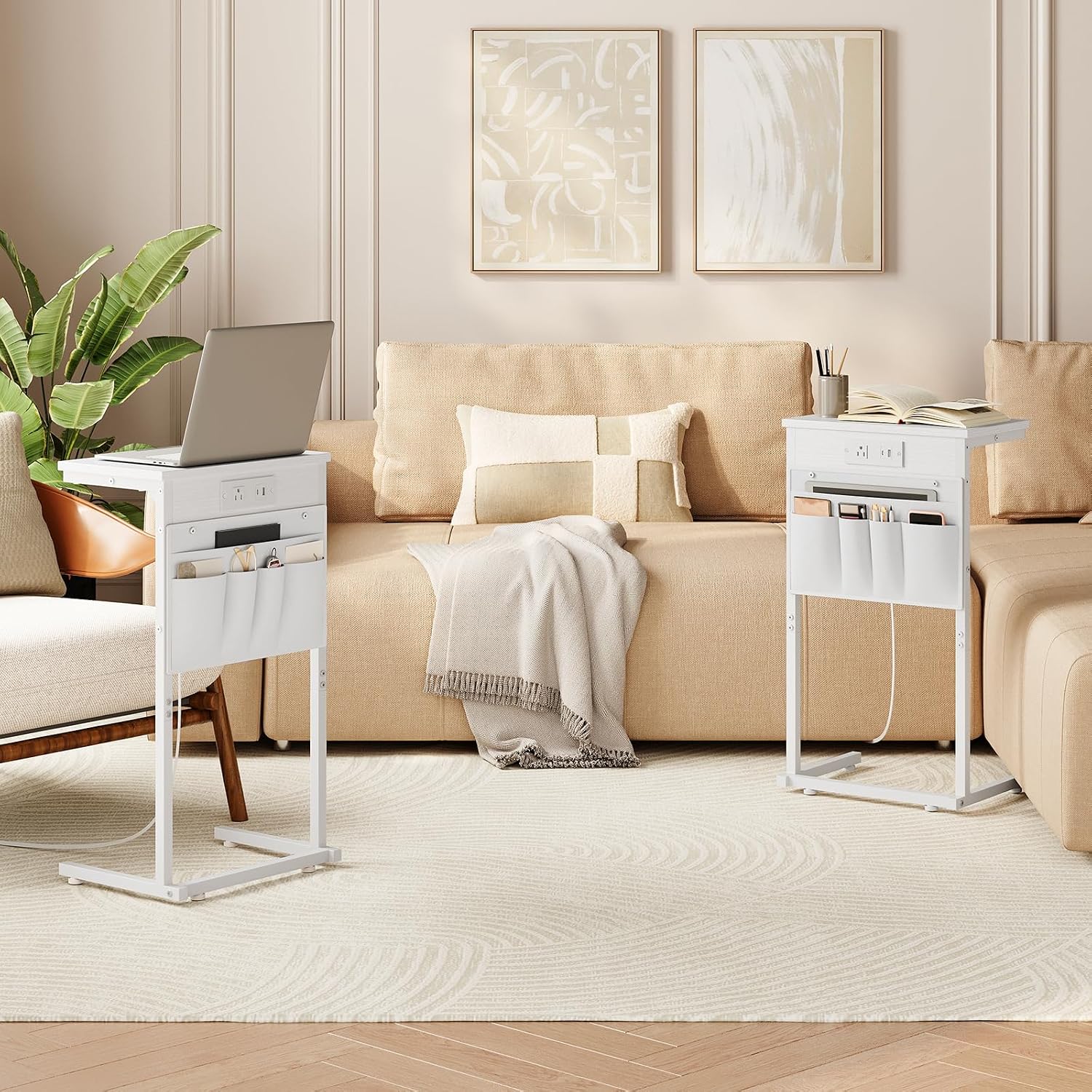 HOOBRO C Shaped End Table with Charging Station, 28" H Couch Side Table Slide Under, Sofa Arm Tray Table with Storage Bag for Living Room, Recliner, White WW70USF01