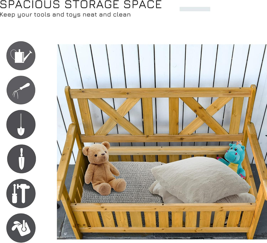 Patio Wooden Bench with Storage Box, 29 Gallon Outdoor Storage Bench, Large Entryway Deck Box w, Unique X Shape Back, for Deck, Porch Balcony, Yellow