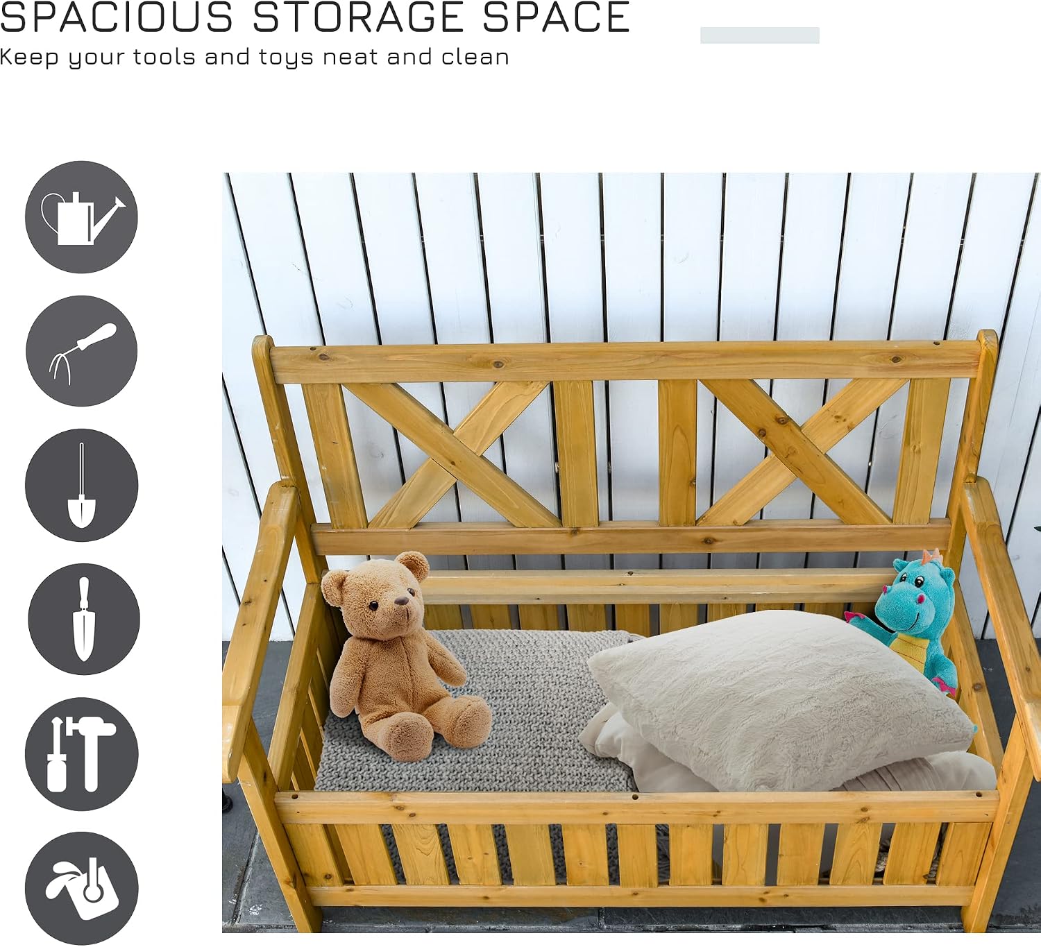 Patio Wooden Bench with Storage Box, 29 Gallon Outdoor Storage Bench, Large Entryway Deck Box w, Unique X Shape Back, for Deck, Porch Balcony, Yellow